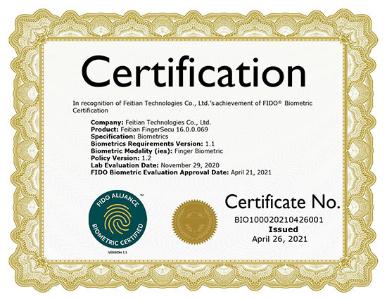 FEITIAN FIDO Biometric Component Certification